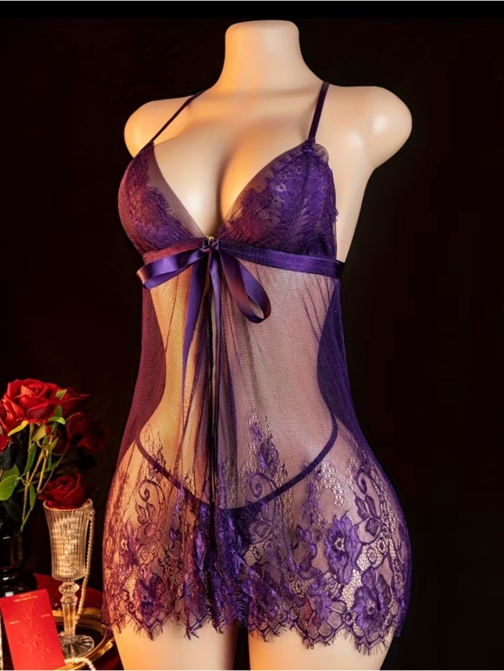 Sheer Lace Babydoll Nightdress with Satin Bow - Purple